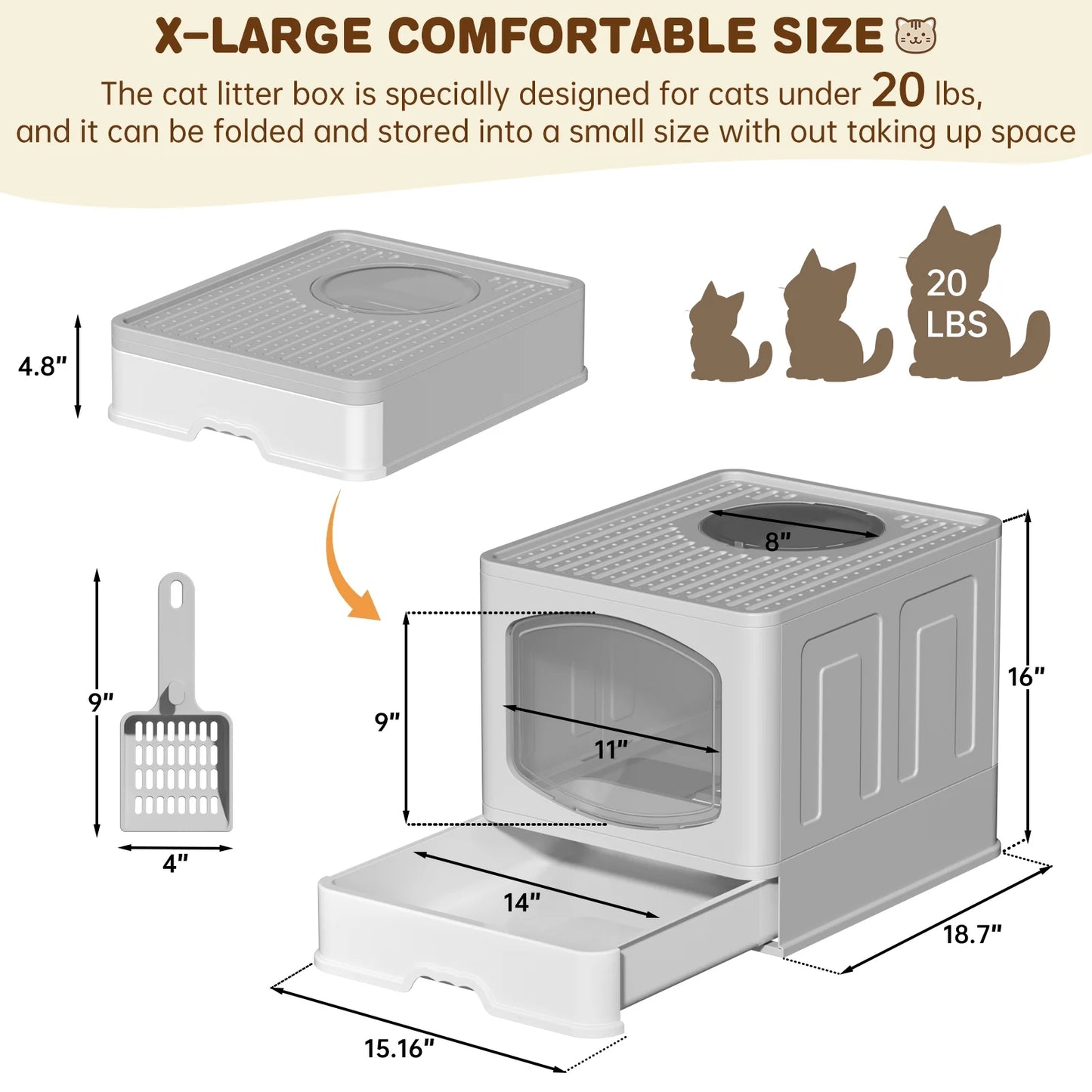 Extra Large Foldable Cat Litter Box with Cat Litter Scoop, Front Entry Top Exit Cat Litter Pan with Lid, Enclosed Anti-Splashing Cat Kitty Litter Box, Drawer Type Cat Litter Easy Cleaning and Scoop