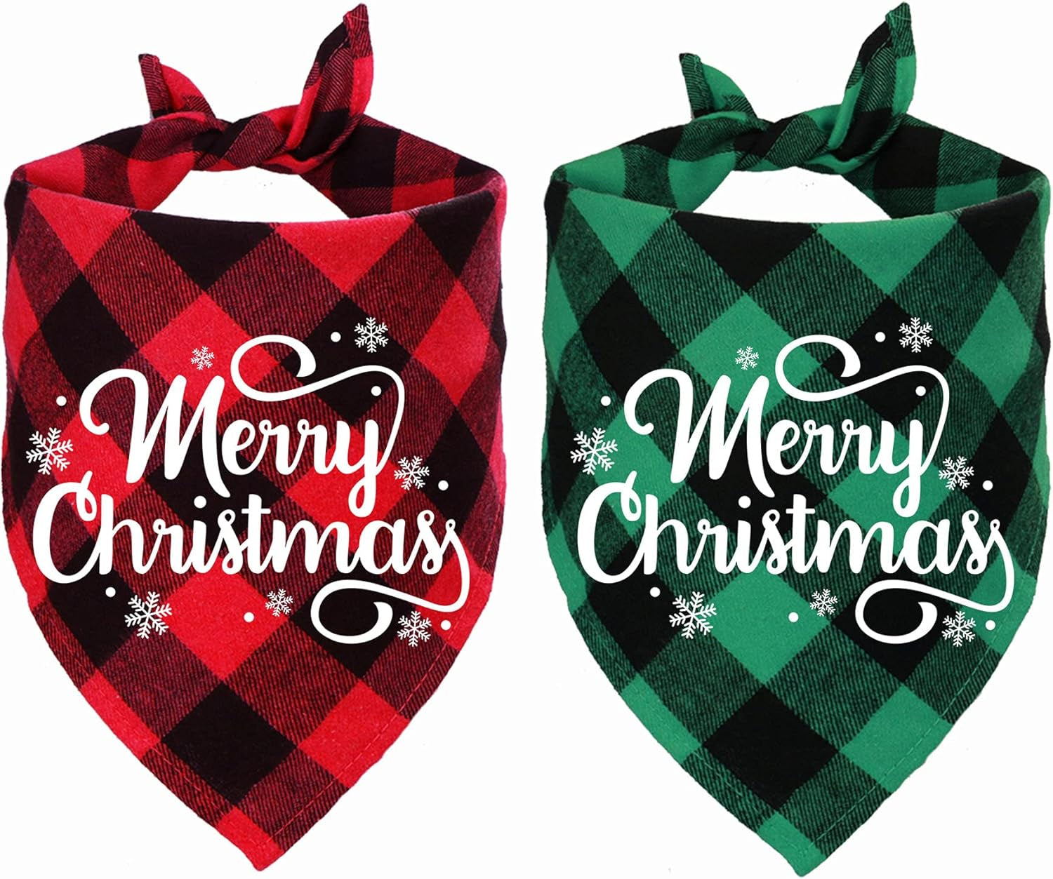 2 Pack Christmas Plaid Dog Bandanas, Merry Christmas Snowflake Holiday Plaid Dog Bandanas for Small Medium Dog Christmas Costume Decorations (Red & Green, White Merry Christmas)