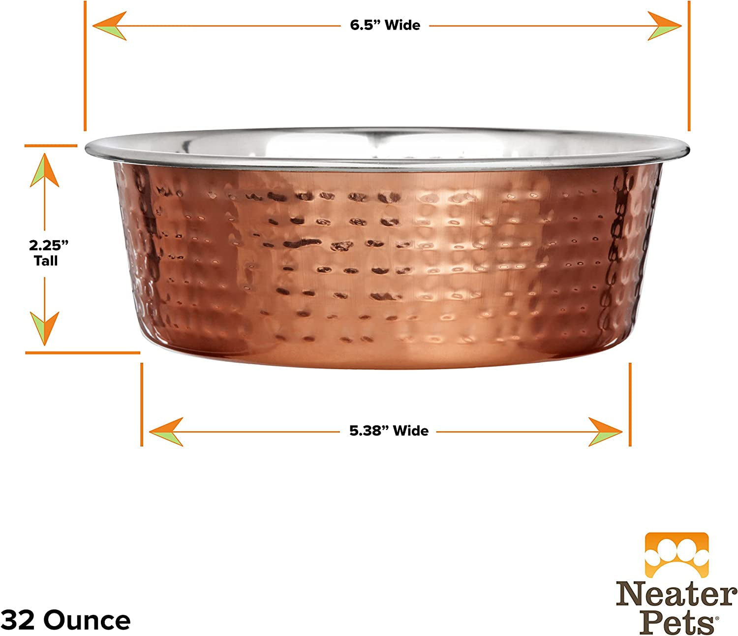 Hammered Stainless Steel Pet Bowl with Copper Coating - Deluxe Luxury Style Dog and Cat Dish (Medium, 32 Oz.)